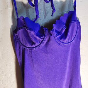 J. Crew Purple One Piece Swimsuit Underwire w/ Scalloped Design Ties at Neck SZ2